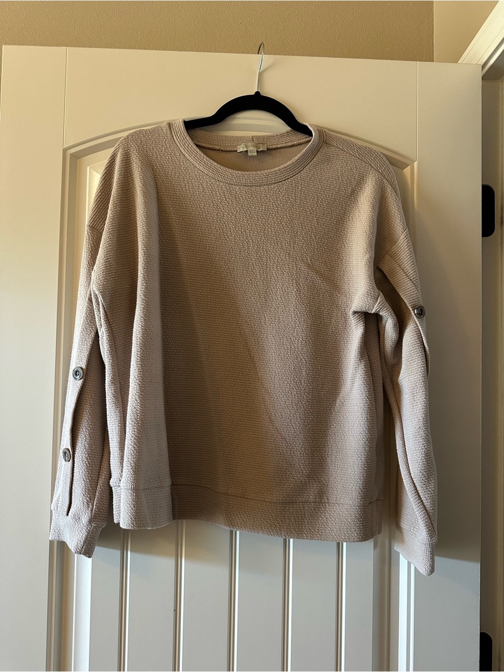 Chenault Button-Sleeve Crewneck Sweater in Light Beige